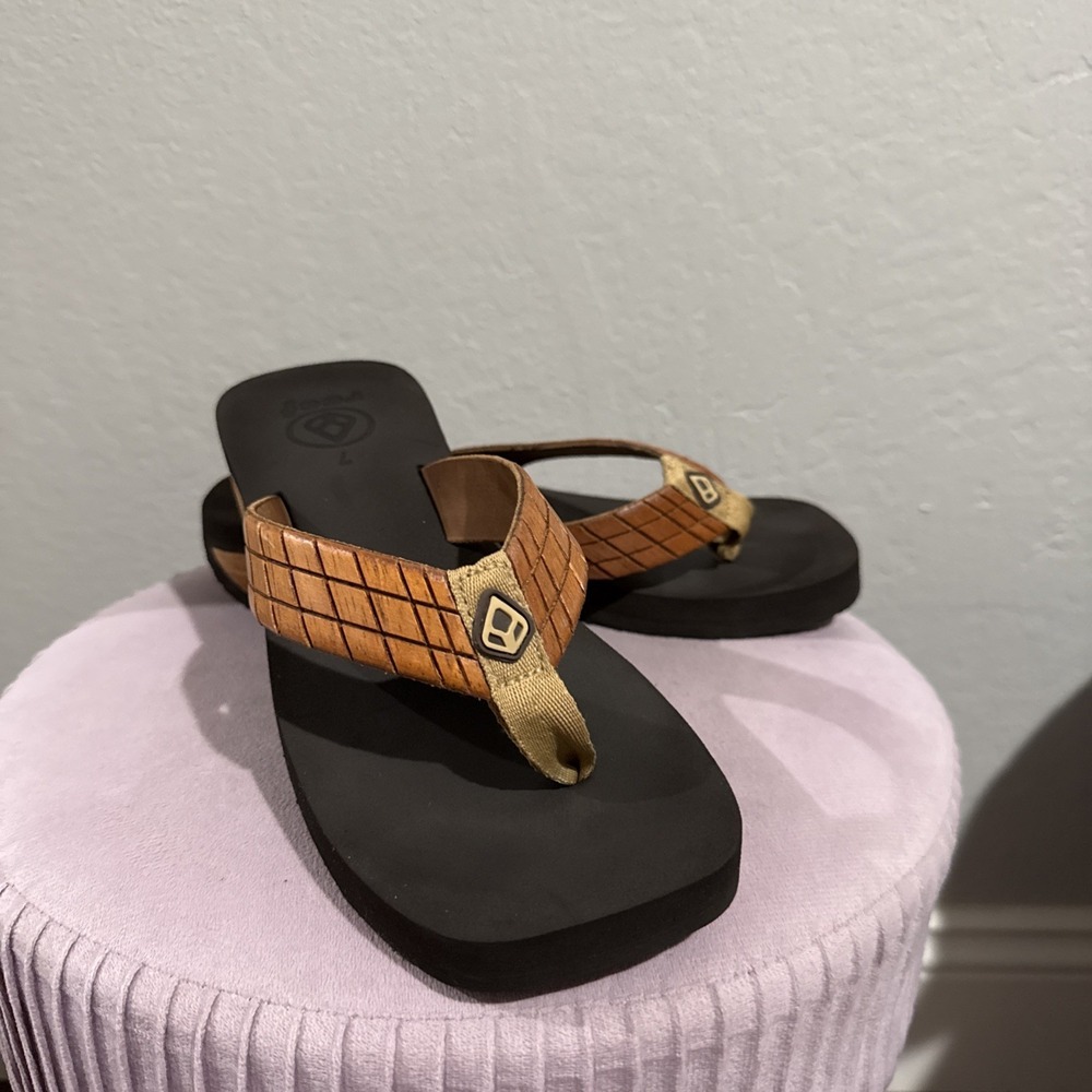 Vintage Reef Sandals Womens Size 7 Flip Flops Y2K Wooden Heel Tile Wedge Beach